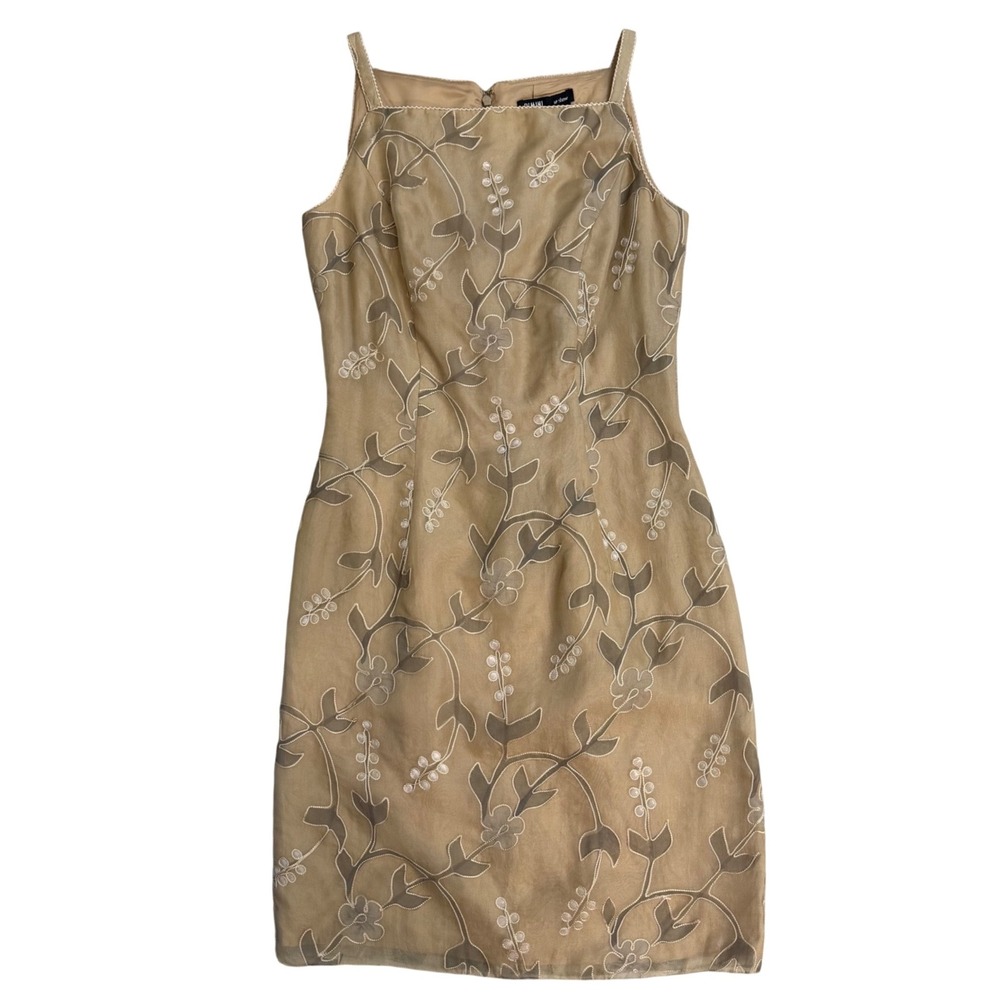 Rimini by Shaw Vintage Glam Tan 100% Silk Embroidered  Y2K Sheath Dress Size 2